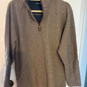 Orvis men's (unisex) quarter-zip pullover with leather trim and elbow patches